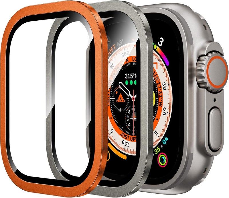 wsken for Apple Watch Ultra 3/Ultra 2/Ultra Screen Protector 49mm,9H Tempered Glass + Titanium Alloy Frame, [Keep Original] [Touch Sensitive] Lightweight Protective Glass Film, Orange + Original - Image 1